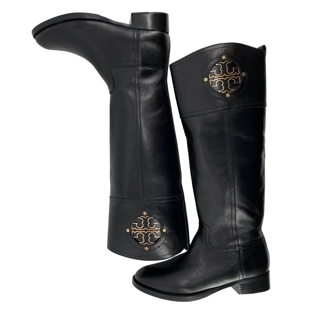Tory Burch Riding Boots Womens‎ 5M Black Leather Kiernan Gold Logo Tall Zip